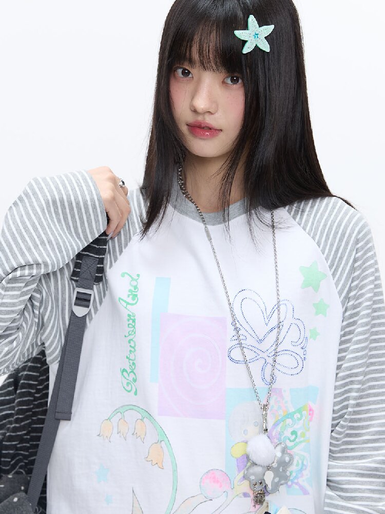 Loose Print Striped Raglan Top【s0000016378】