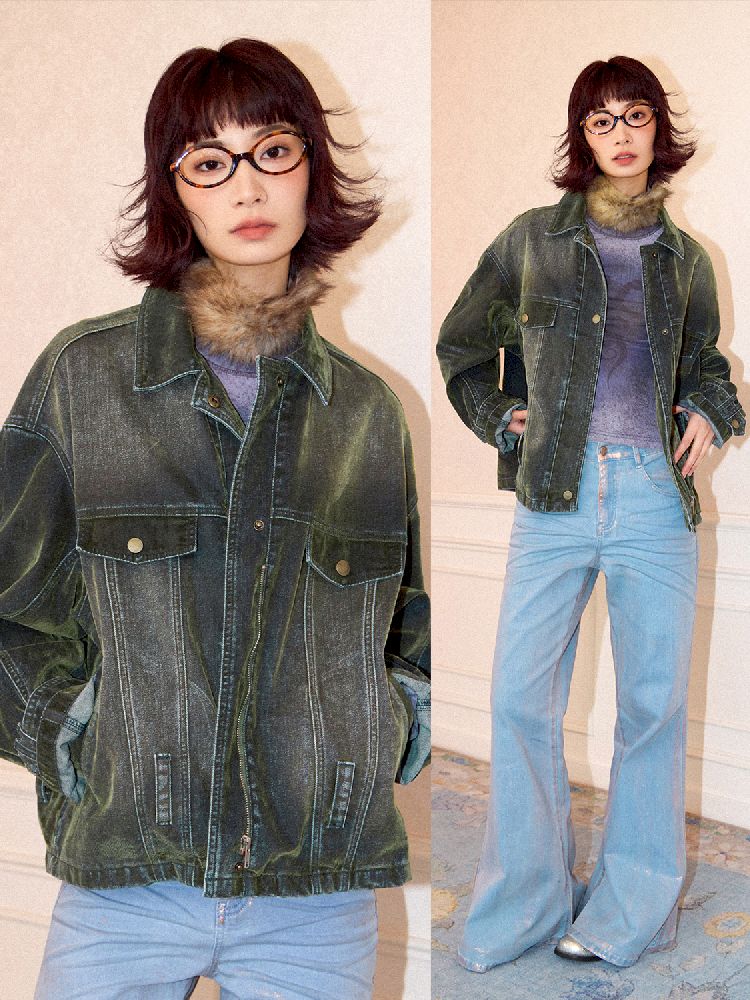 Loose Green Flocked Denim Jacket【s0000011638】