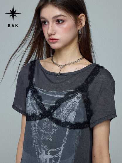 Lace Print Knitted Layered Top【s0000016689】