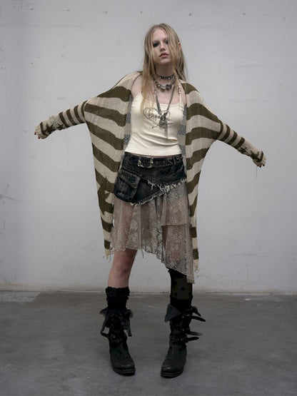 Striped knit loose bat-sleeve sunscreen hoodie【s0000012319】