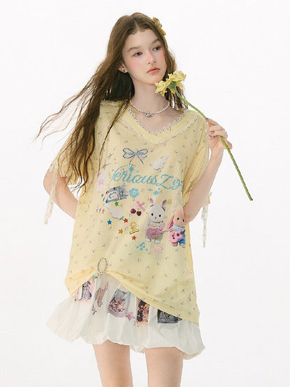 Childlike Cartoon Lace Floral T Shirt【s0000017156】