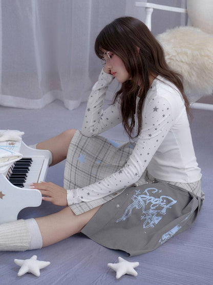 Check Graffiti Print Midi Skirt【s0000014365】