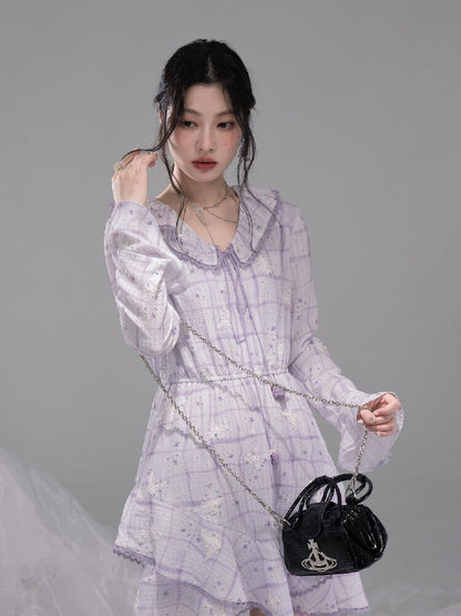 Purple Butterfly Print Ruffled Dress【s0000015739】