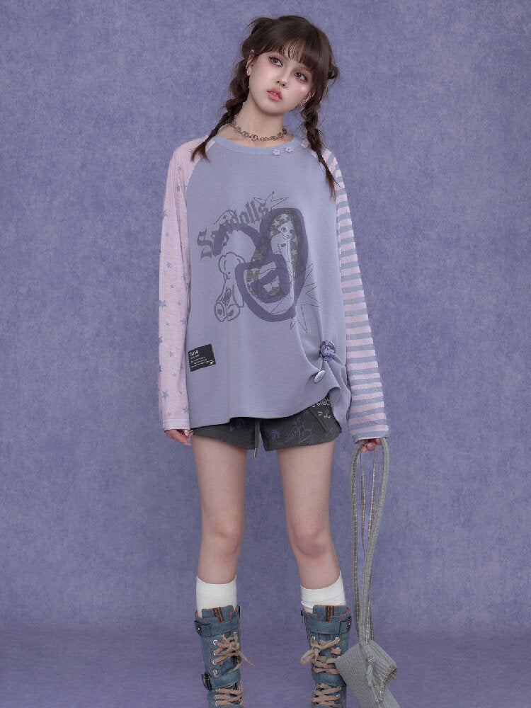 Doodle Print Raglan Sleeve T-Shirt【s0000017867】