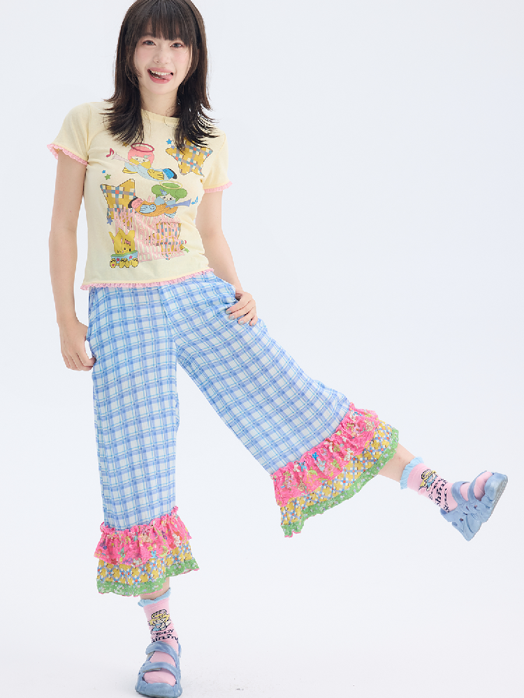 Plaid Patchwork Lace Cropped Pants【s0000017697】