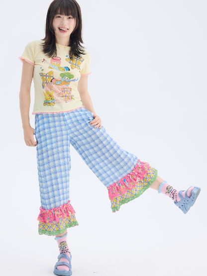 Plaid Patchwork Lace Cropped Pants【s0000017697】