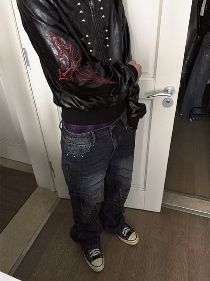 Riveted Embroidered Street Leather Jacket【s0000019274】