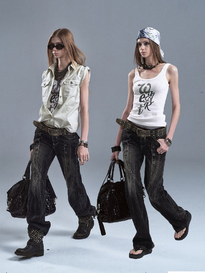 Lightning Rivet Black Denim Pants【s0000016634】