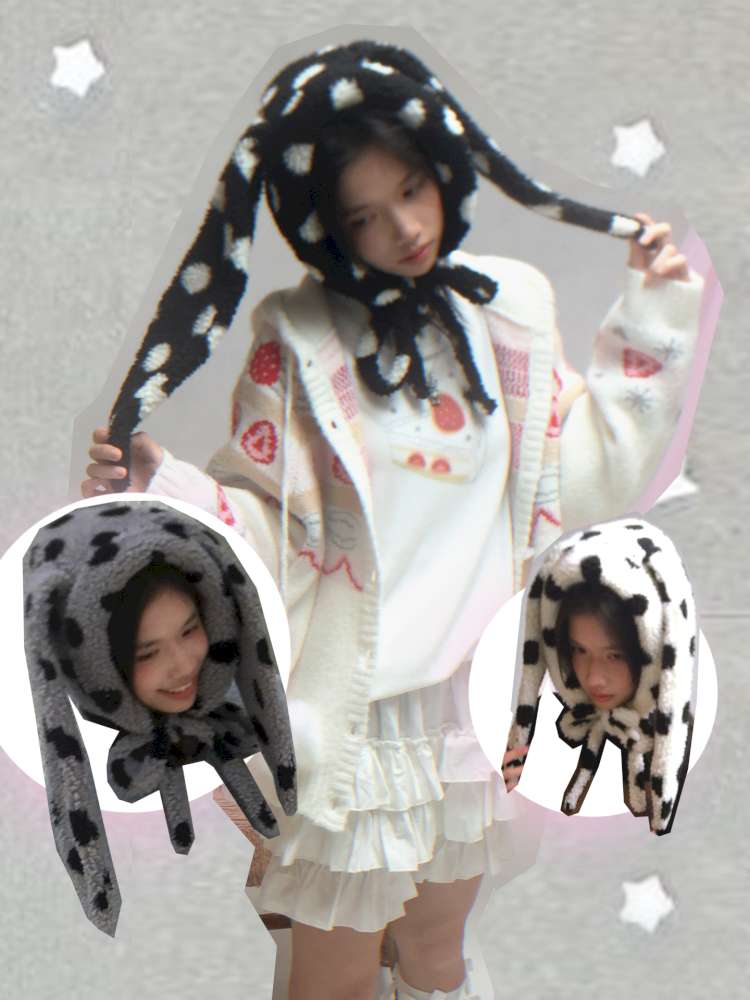 Polka Dot Shearling Rabbit Ear Hat【s0000014528】