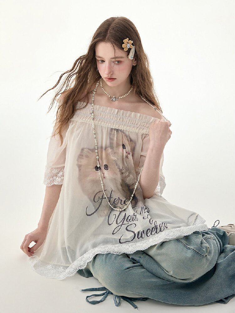 Lace Patchwork Cat Print T-Shirt【s0000017303】