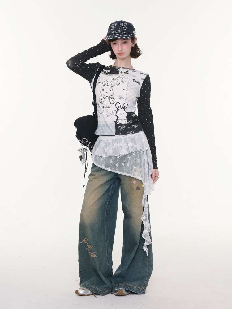 Cat Printed Straight Wide Jeans【s0000015431】