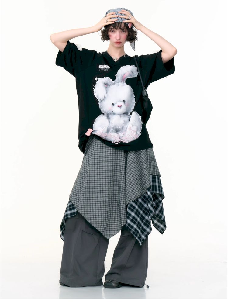 Rabbit print v-neck black short sleeve t-shirt【s0000013380】