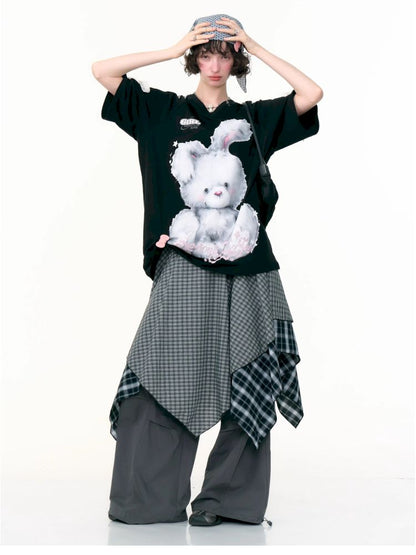 Rabbit print v-neck black short sleeve t-shirt【s0000013380】