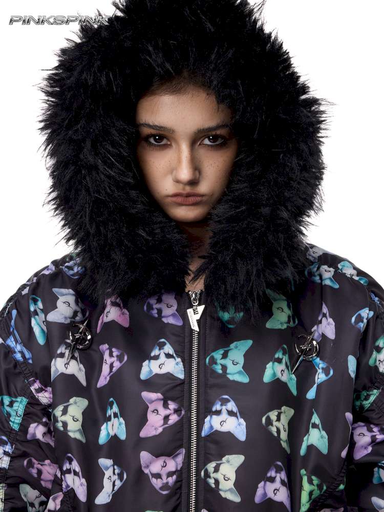 Black Metal Fur Collar Cotton Suit【s0000015129】