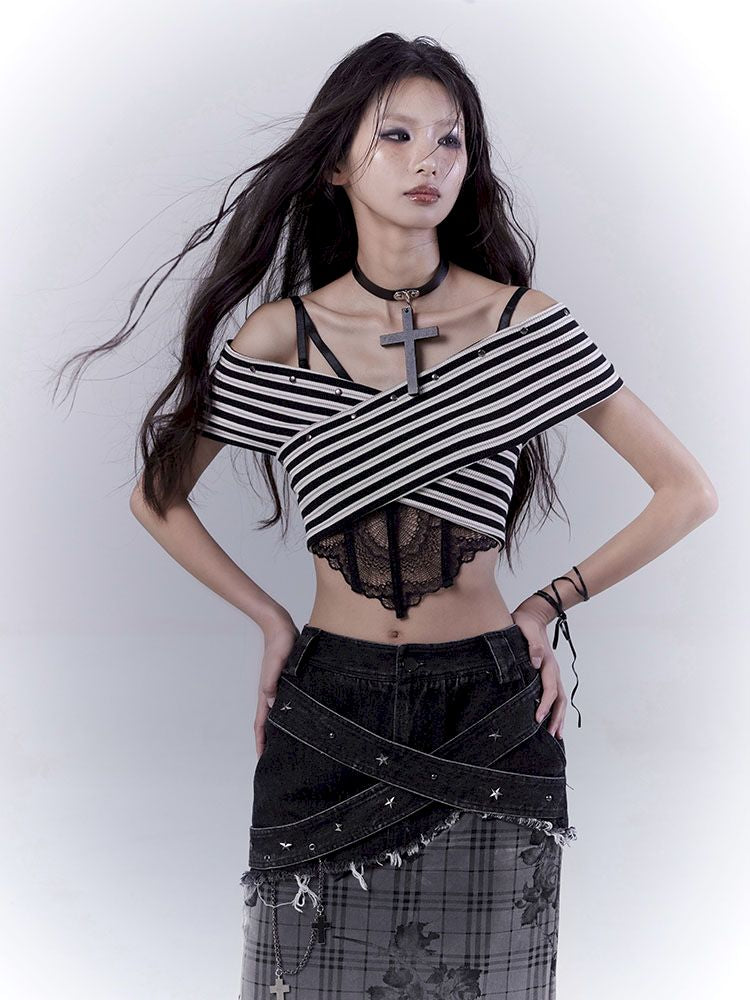 One-shoulder striped hot bustier top【s0000012839】