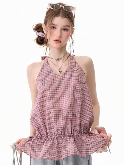American Vintage Plaid Halter Top【s0000017749】