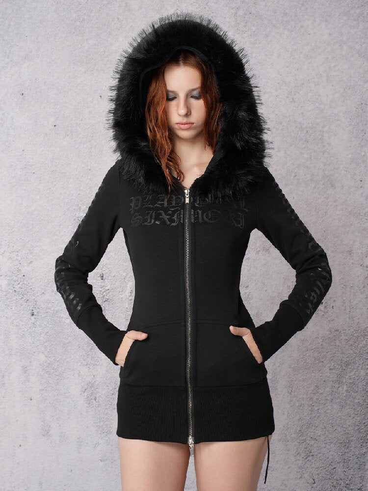 Glossy Black Fleece Hooded Fur Sweatshirt【s0000019103】