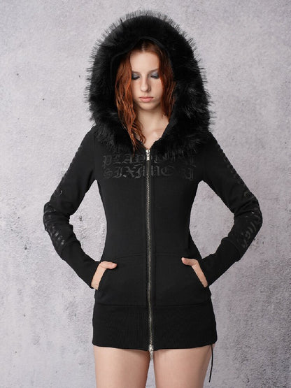 Glossy Black Fleece Hooded Fur Sweatshirt【s0000019103】