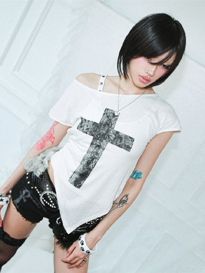 Original Cross Print Shoulder Top【s0000017399】