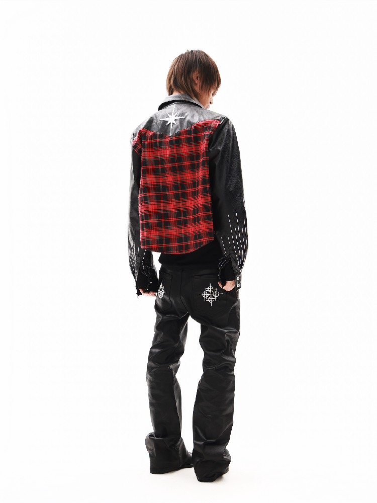 Embroidery Slogan Plaid Leather Jacket【s0000018353】