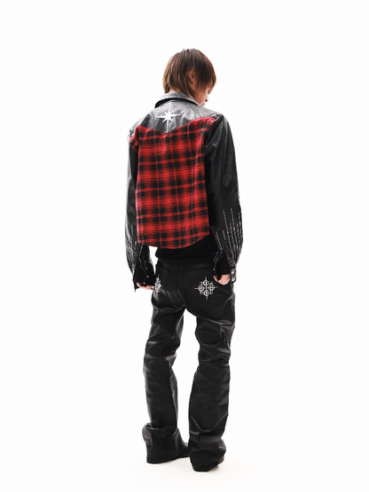 Embroidery Slogan Plaid Leather Jacket【s0000018353】