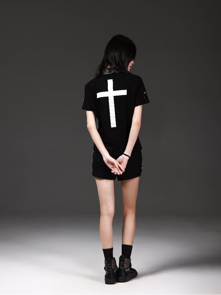 Leather Metallic Cross Polo Shirt【s0000018240】