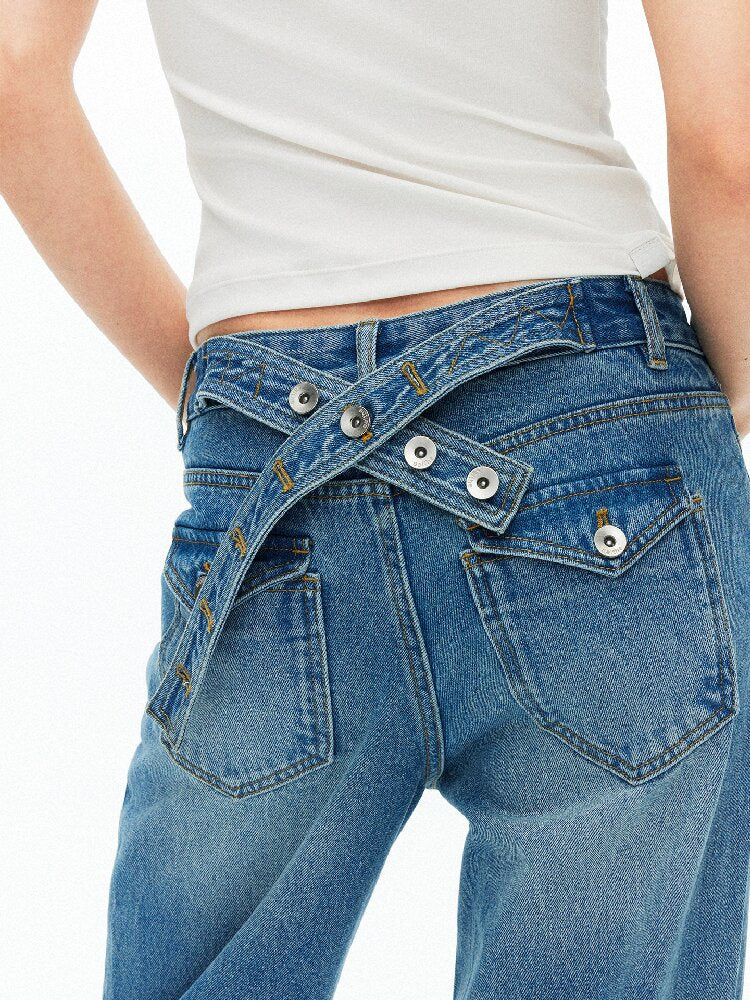Cotton Lace Up Asymmetrical Jeans【s0000015925】