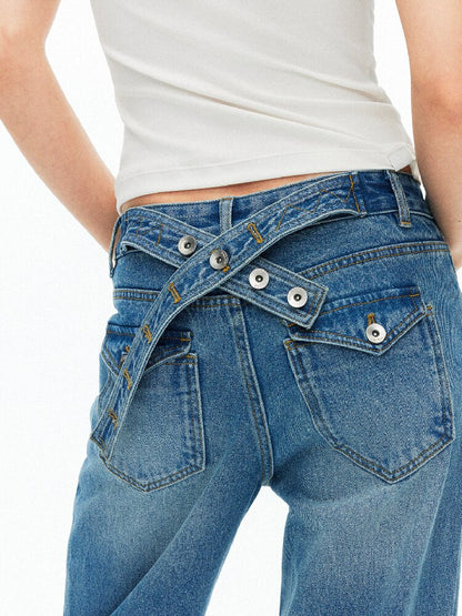 Cotton Lace Up Asymmetrical Jeans【s0000015925】