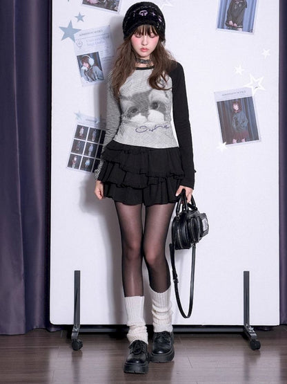 Long Sleeve Polka Dot Cat Printed T-Shirt【s0000011665】