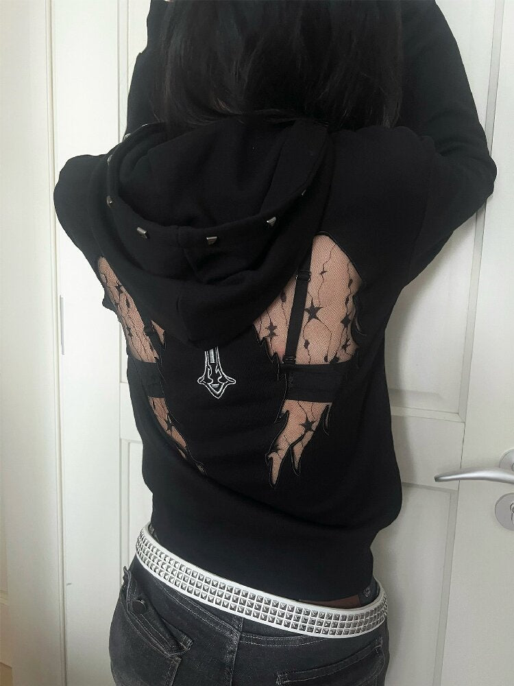 Hollow Wing Lace Cross Rivet Hoodie【s0000019268】
