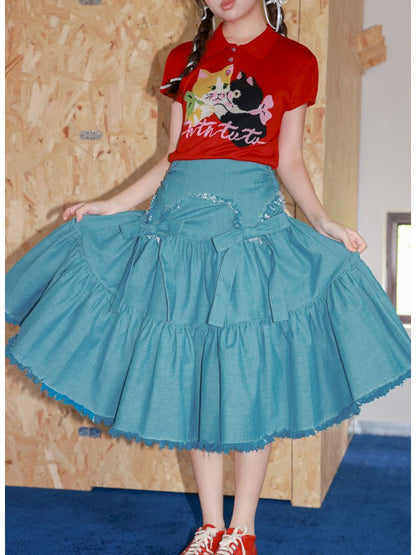 Bow Fringe Patchwork Denim Skirt【s0000013928】