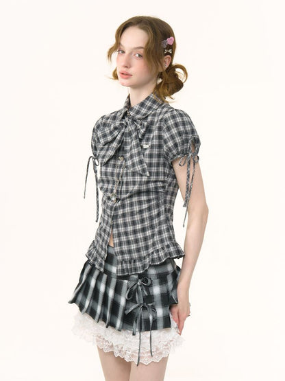 Doll Collar Bow Plaid Short Sleeve Shirt【s0000012264】