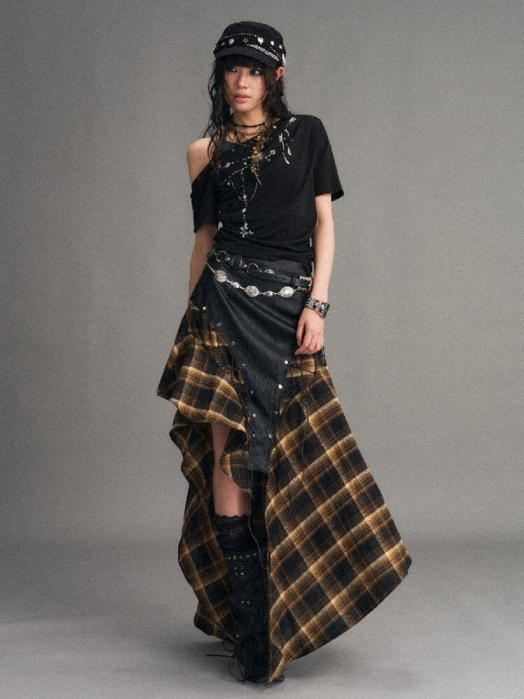 Punk Leather Patchwork Plaid Skirt【s0000017999】
