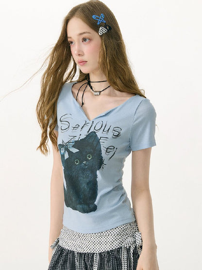 Vneck Cat Print Short Sleeve T Shirt【s0000017158】