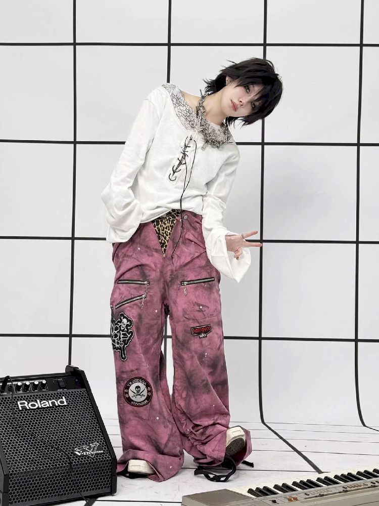 Punk double-waisted pink pants【s0000011686】