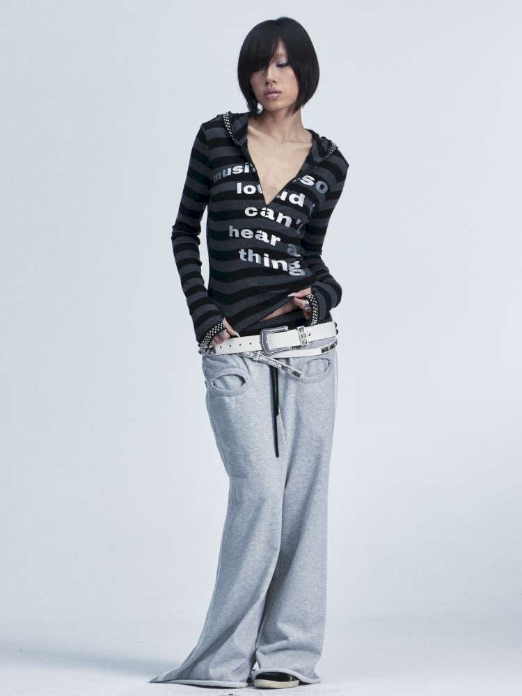 Black Gray Striped Stud Top Set【s0000014667】