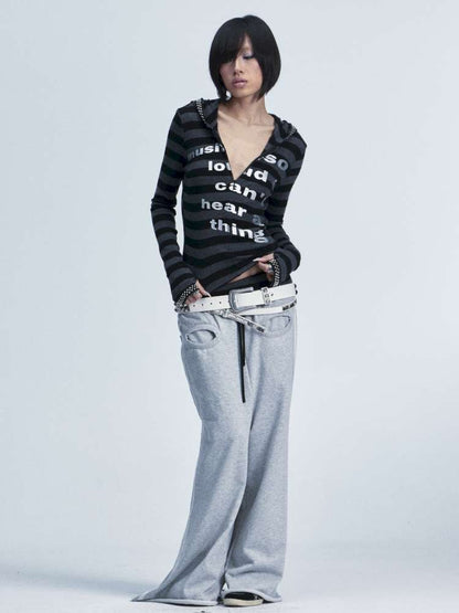 Black Gray Striped Stud Top Set【s0000014667】