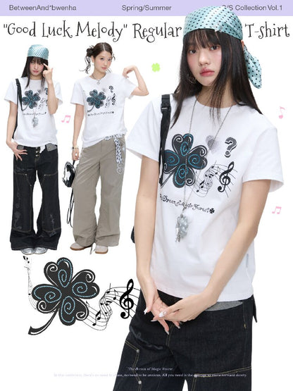 White Melody Shoulder Sleeve T-Shirt【s0000016381】