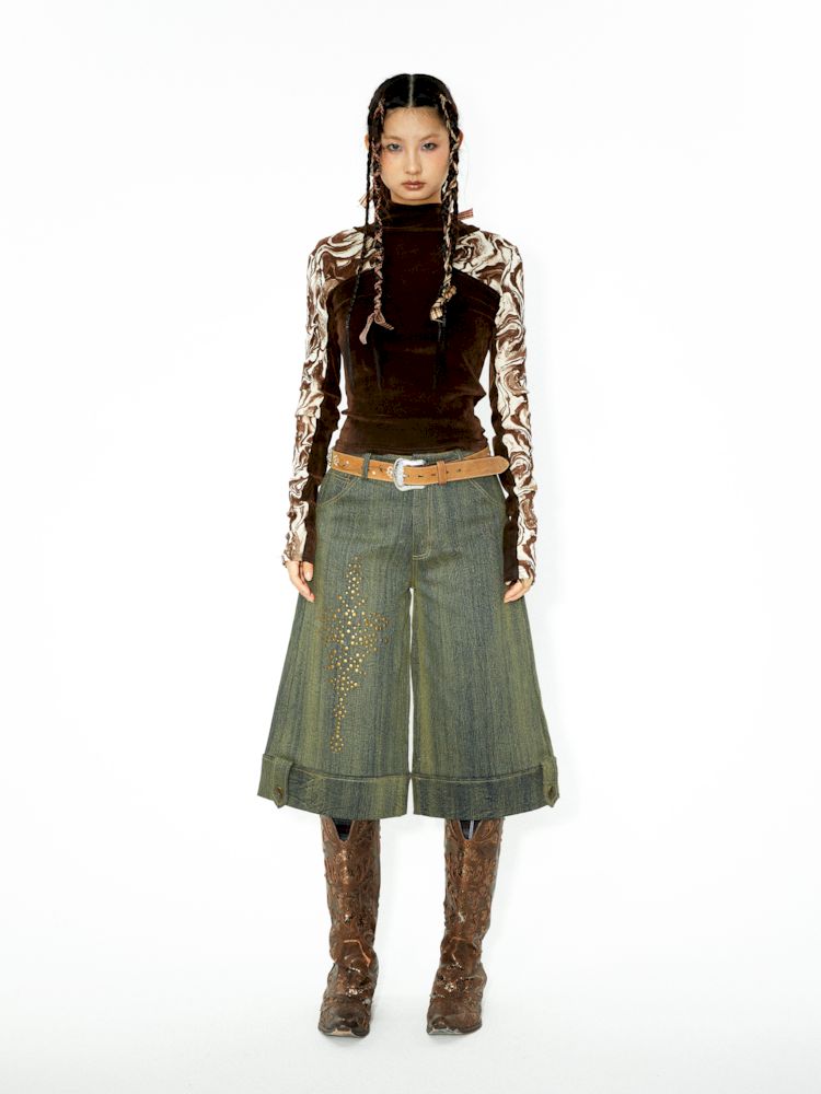 장식 된 렌더링 된 세척 데님 미디 바지 [S0000006271]