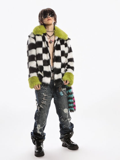 Checkerboard Patchwork Faux Coat【s0000019278】