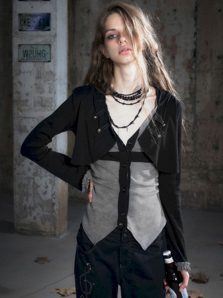 Hooded False Two Black Gray Knit Cardigan【s0000013890】