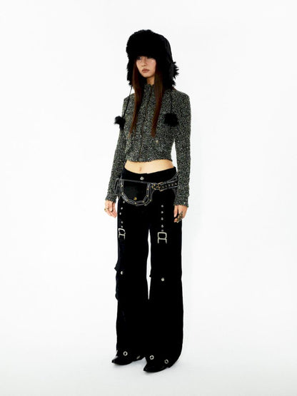 D-ring air eyelets decorated loose thin straight pants【s0000006272】