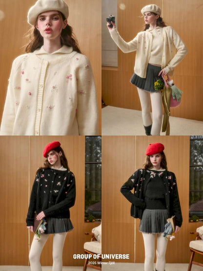 Wool Hand-Embroidered Flower Sweater Cardigan【s0000014891】