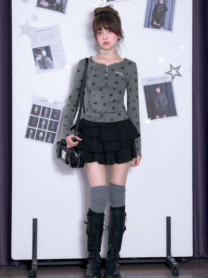 V-neck Long Sleeve Slim Printed Gray T-shirt【s0000011663】