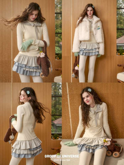 Organic Cotton Lake Blue Spliced Pleated Skirt【s0000014889】