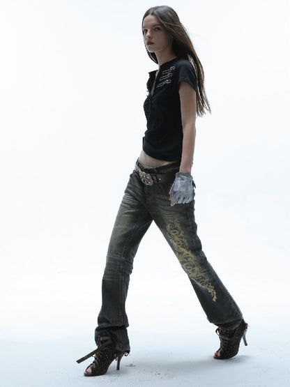 Distressed Baroque Graphic Jeans【s0000016569】