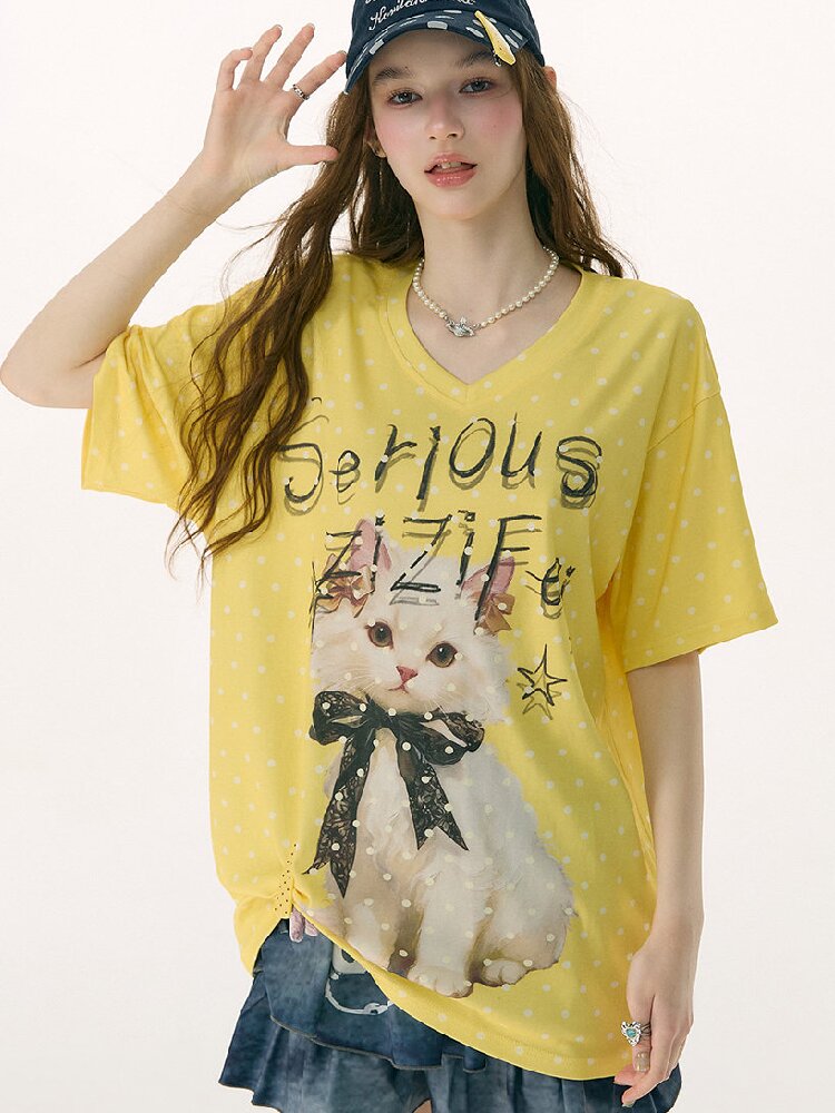 Loose Polka Dot Cat Print T-Shirt【s0000016857】