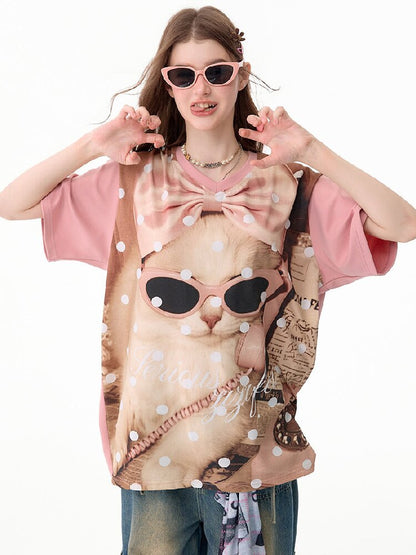Wave Cat Print Loose Short Sleeve T【s0000017670】