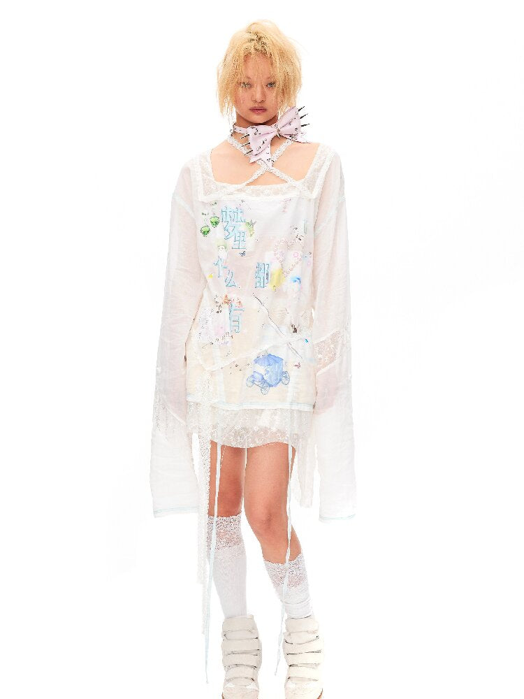Dream Print Lace Drawstring Top【s0000016491】