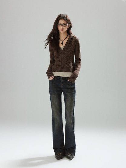 Coffee V-Neck Cropped Wool Sweater【s0000015597】